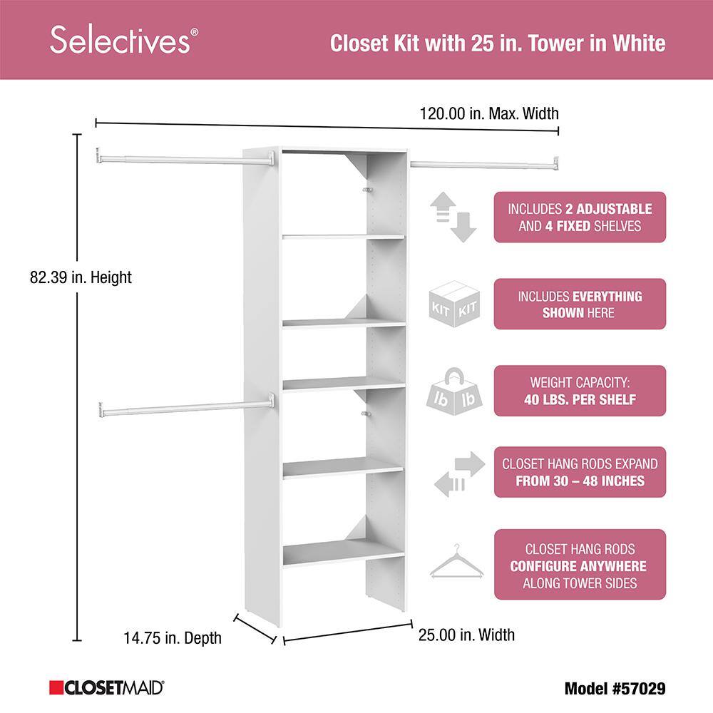 ClosetMaid Selectives 60 in. W - 120 in. W White Reach-In Tower Wall Mount 6-Shelf Wood Closet System 5702900