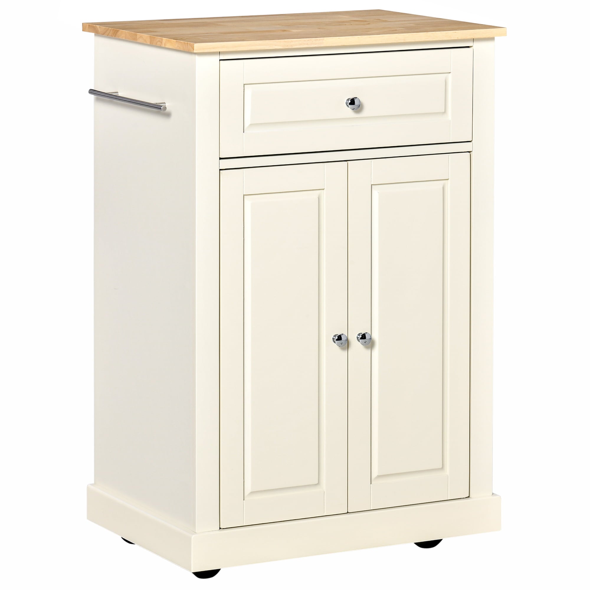 HOMCOM Rolling Kitchen Island Cart， Portable Serving Trolley Table with Drawer， Adjustable Shelf and 2 Towel Racks， Cream White