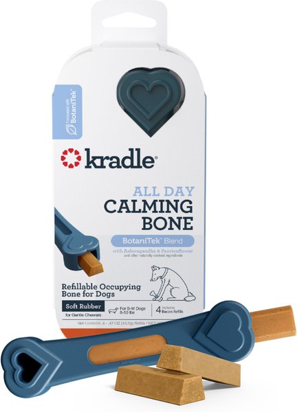 Kradle All Day Calming 6-inch Rubber Dog Bone Toy with Bacon Flavored Dog Treat Refill， 4 count