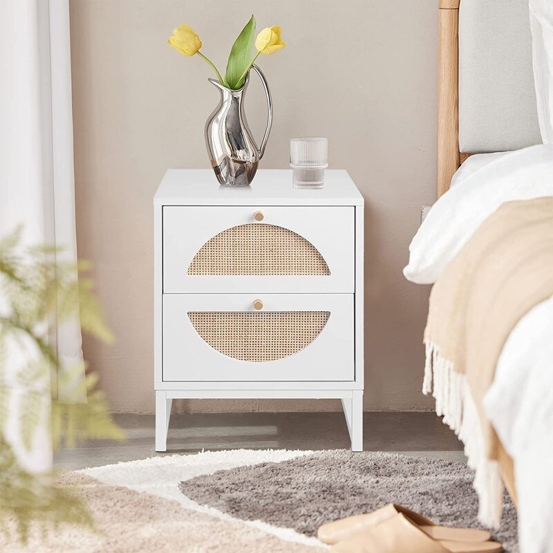 Modern Minimalism Nightstand  Bohemian Wood Bedside Table with Woven Rattan Drawers  Sofa Side Table  Rustic Farmhouse End Table