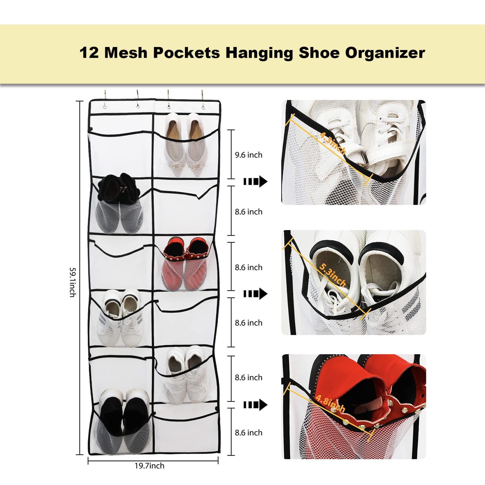 Boots Extra Large over the Door Shoe Rack 12 Mesh Pockets Hanging Shoe Organizer for Men Shoes Size 16， White