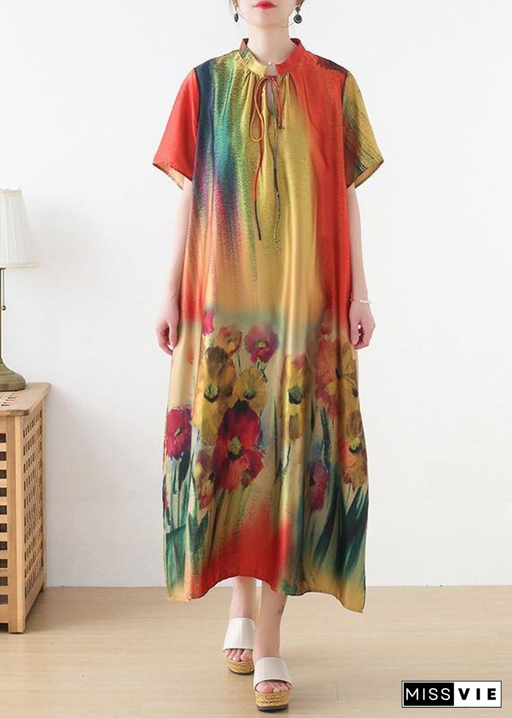 Simple Yellow Print Chiffon Tie Summer Robe Dresses