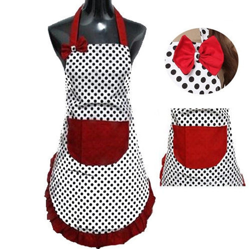 Cute BowKnot Dot Women Kitchen Restaurant Bib Cooking Aprons With Pocket