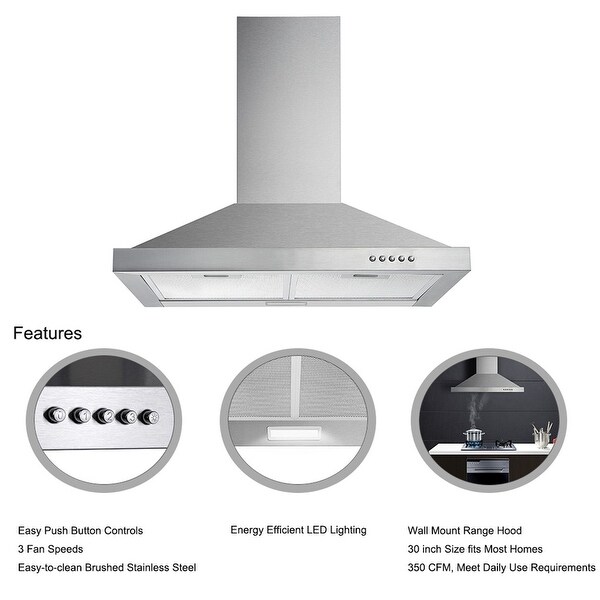 30 in. 450 CFM Ducted Wall Mounted Range Hood in Silver with LED Light and Permanent Filters