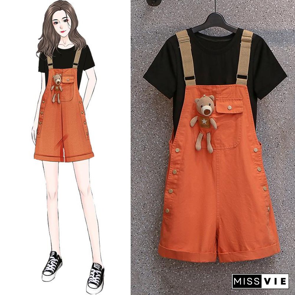 Solid Color Tee+Cute Bear Overalls P15081