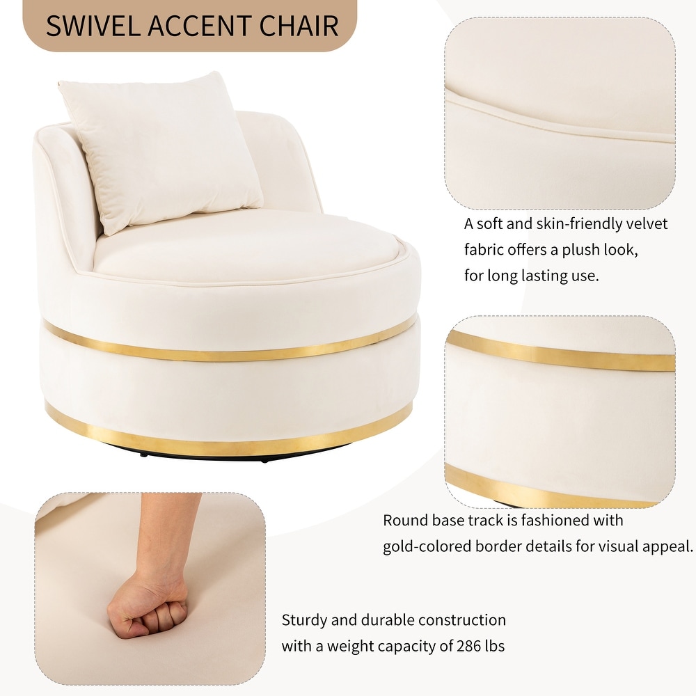 360 Beige Swivel Accent Chair Sofa Velvet Barrel Chair with Pillow