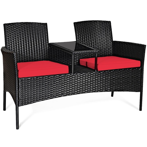 Costway Patio Rattan Conversation Set Seat Sofa Cushioned Loveseat Glass Table Chair Red turquoise