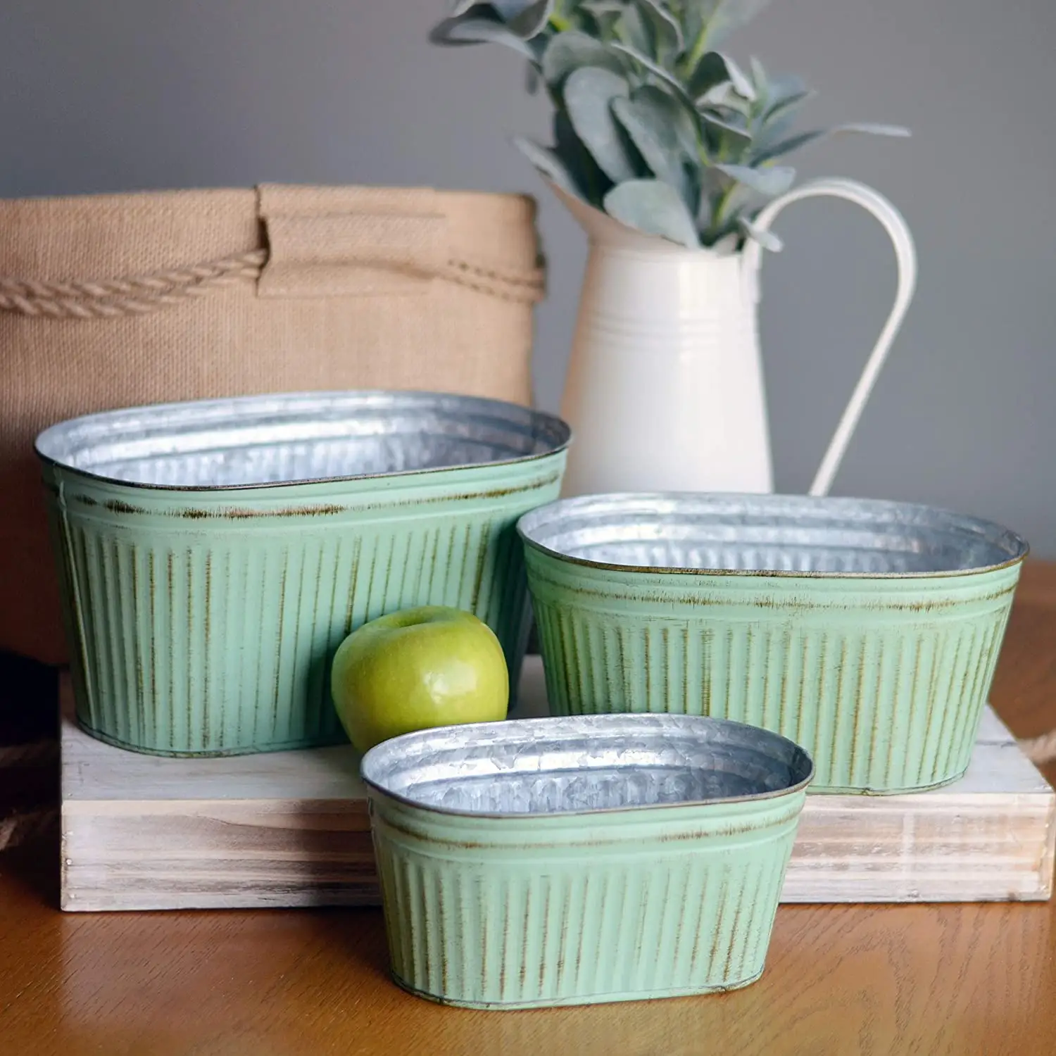 French Country Style Rectangular Oval Flowerpot Old Chic Light Green Russet Galvanized Corrugated Details