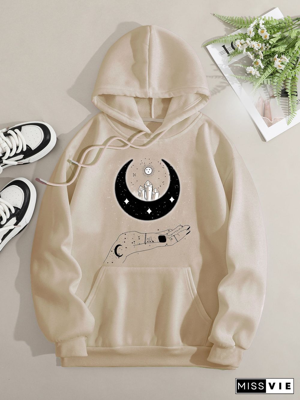 Printed on front Kangaroo Pocket Hoodie Long Sleeve for Women Pattern Sun and Moon Painting