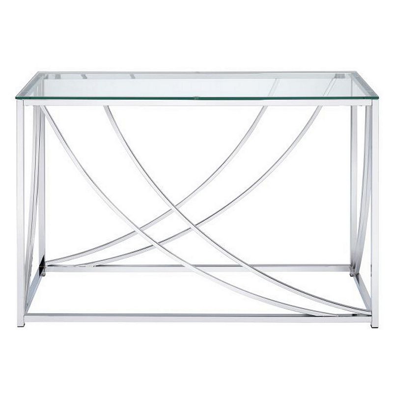 Glass Top Rectangular Sofa Table with Swooping  Curves， Clear and Silver