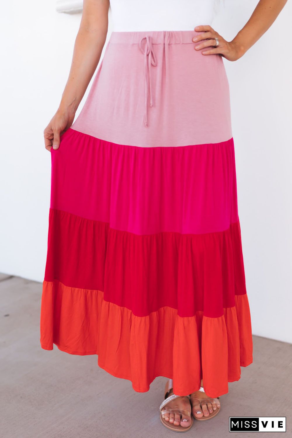 Pink Color Block Tiered Drawstring High Waist Maxi Skirt