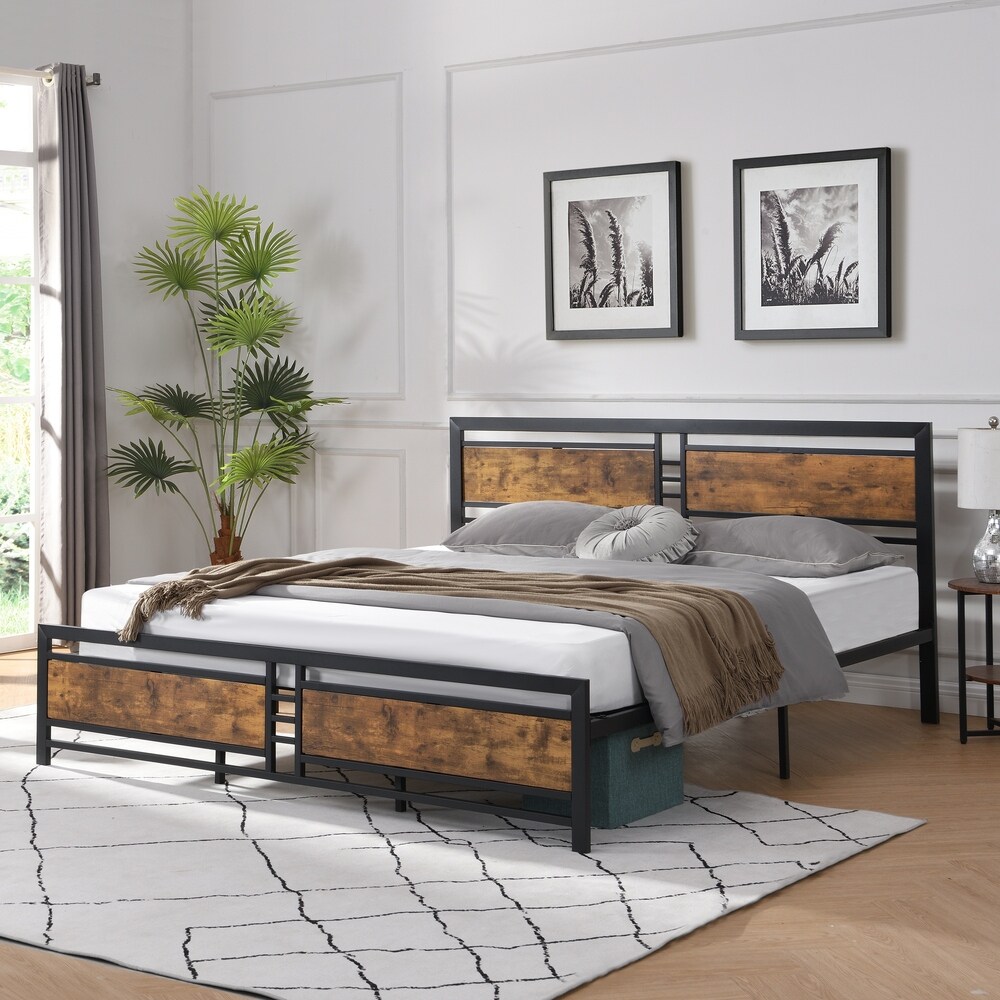 Metal Platform Bed Frame with Wood Headboard and Footboard