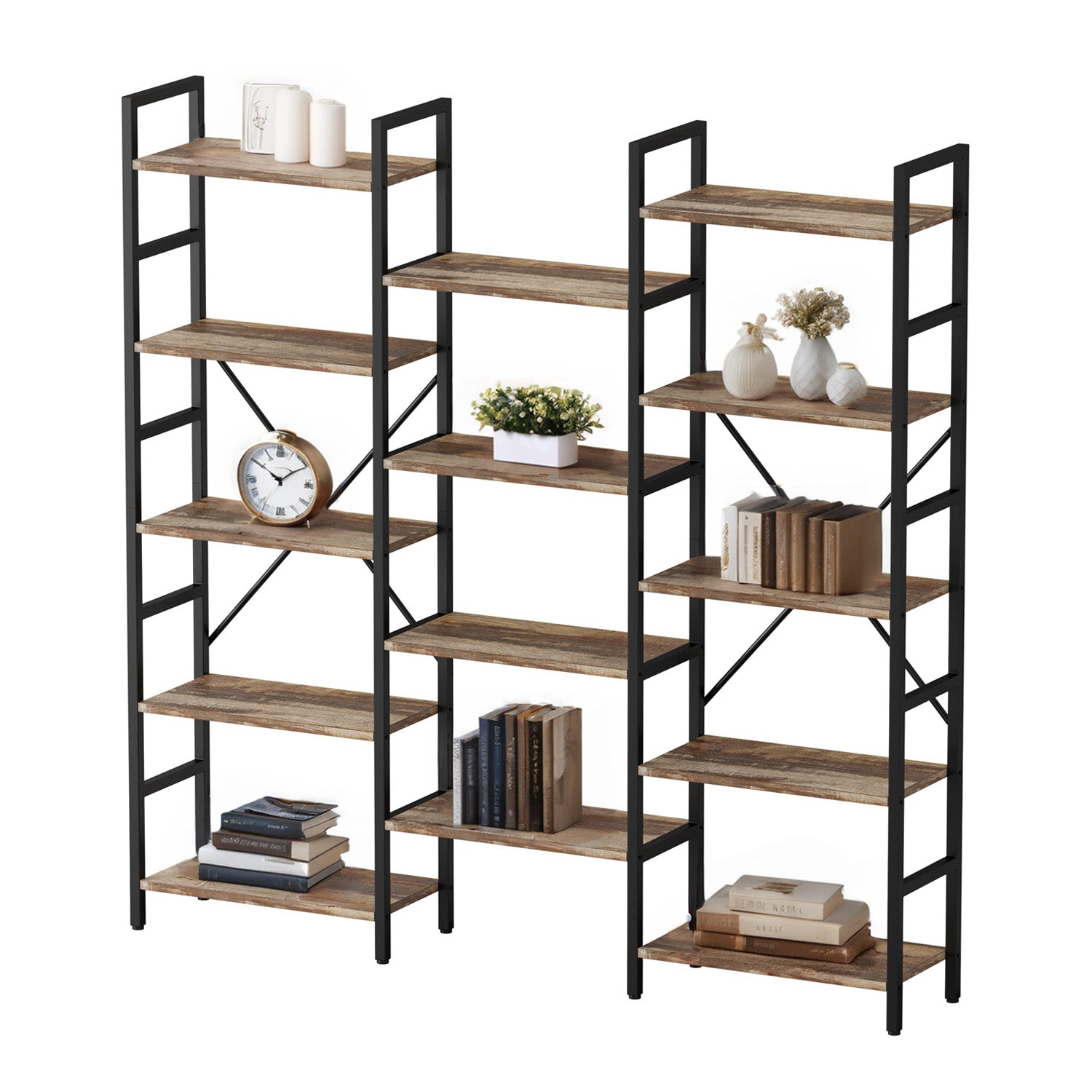 Large Etagere Bookcases Bookshelves 3 Wide 5 Tiers Industrial Bookshelf Open Display Shelves