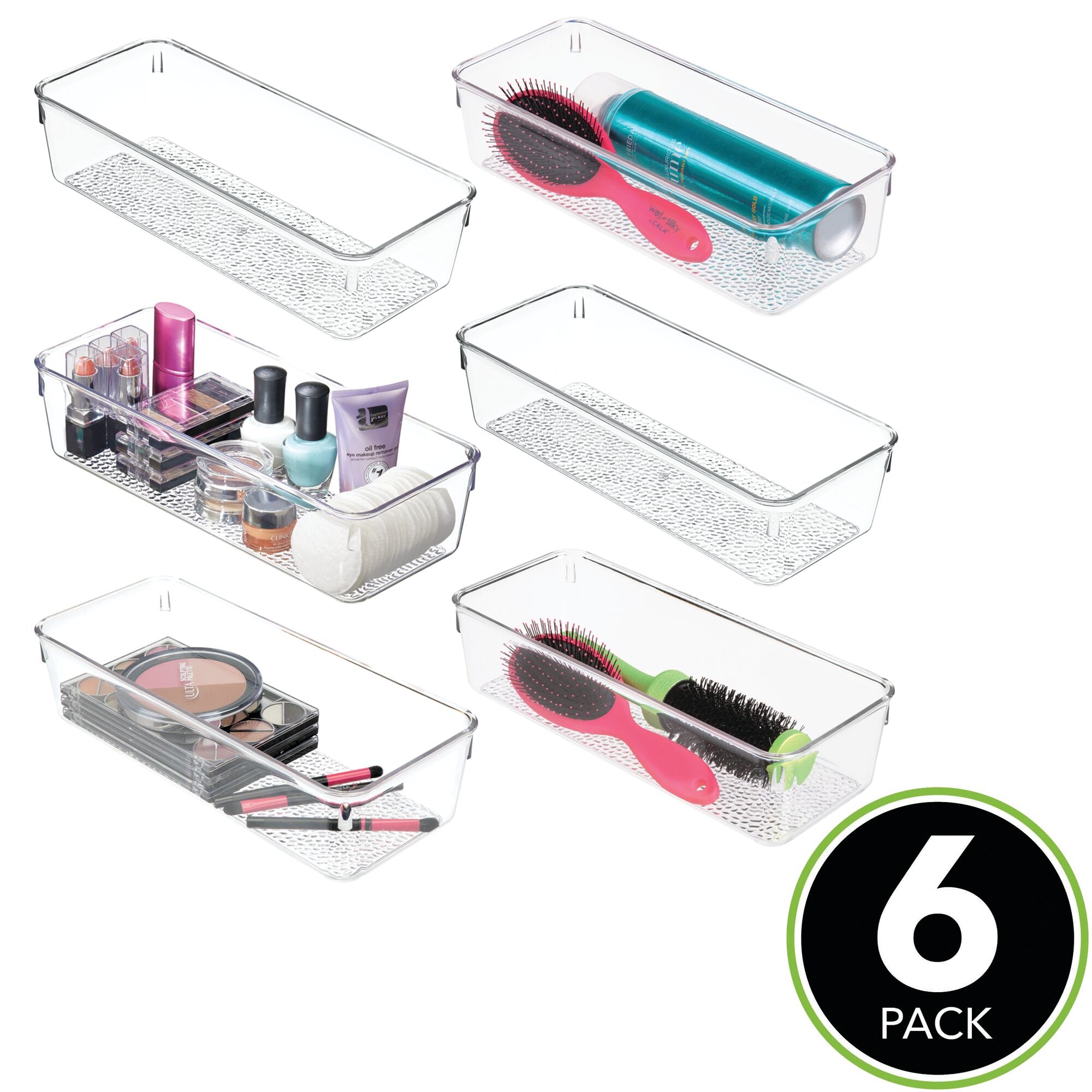 mDesign Plastic Drawer Organizer Storage Tray for Bathroom Vanity, Countertop, Cabinet - Holds Makeup Brushes, Eyeliner, Lip Pencils, Hair Accessories - Textured Base, 5" Wide, 6 Pack - Clear