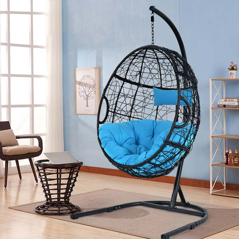 Outdoor Indoor Hanging Egg Chair Hammock Swing Chair with C Hammock Stand Set, Soft Seat Cushion & Pillow