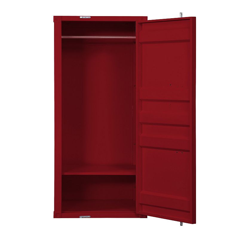 Single Door Wardrobe with Double Storage Compartment and Cremone Bolt， Red