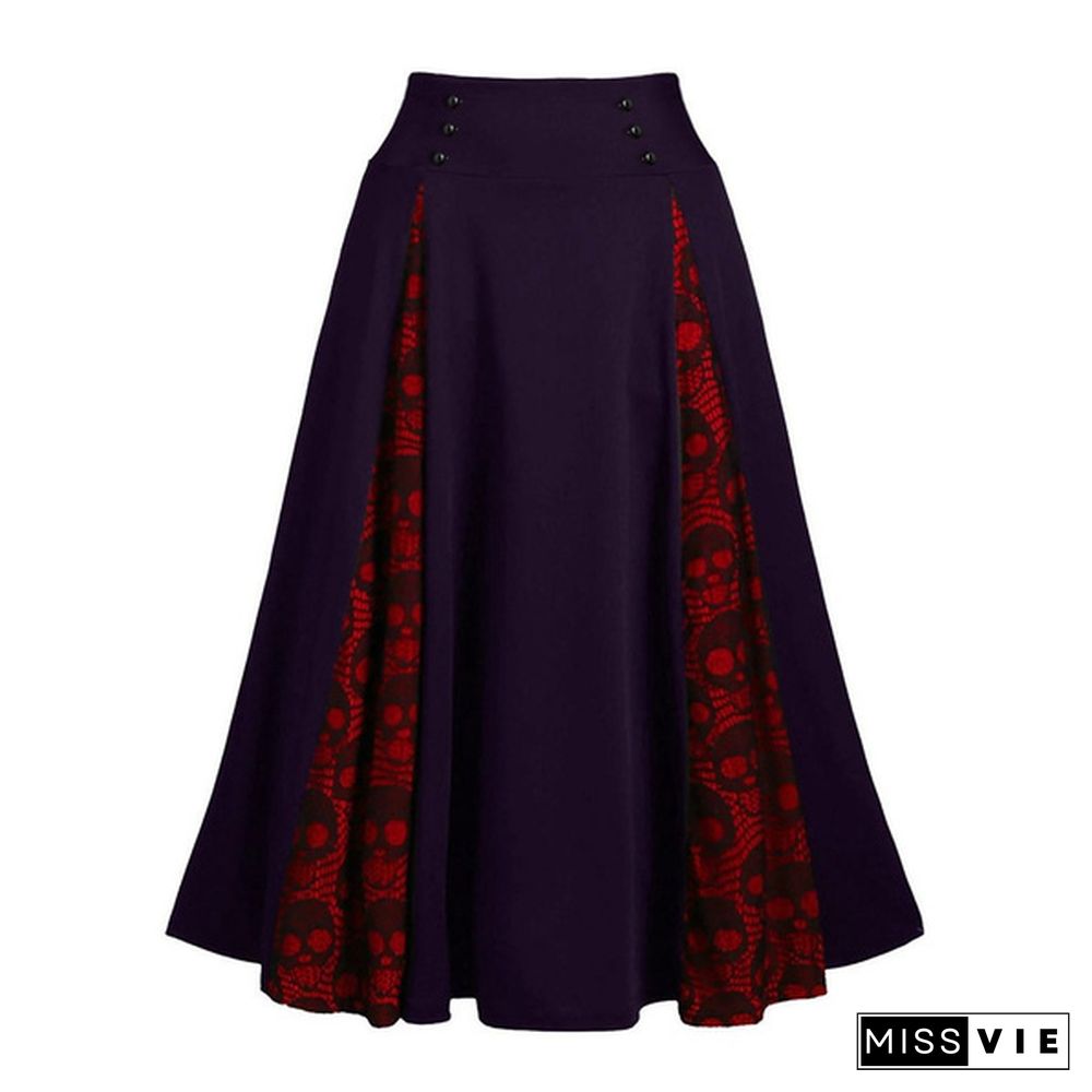 Women Plus Size Lace Patchwork High Waist Midi Skirt Gothic Pleated Skirt