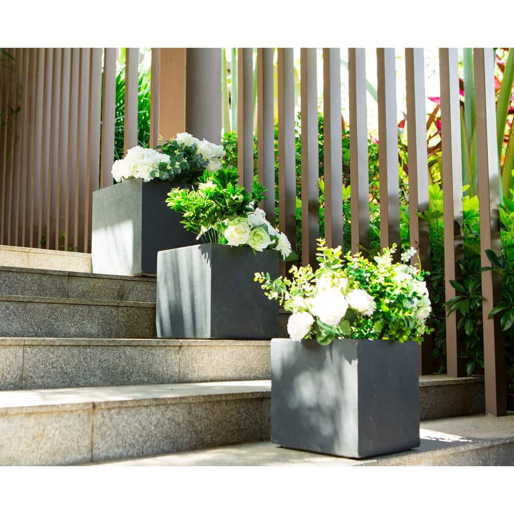 KANTE 16 in. Tall Charcoal Lightweight Concrete Square Modern Outdoor Planter (Set of 3) RF0001ABC-C60121