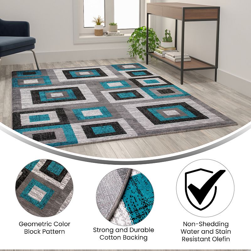 Masada Rugs Newton Collection Modern 5'x7' Accent Rug with Geometric Square Pattern in Turquoise， Gray and White