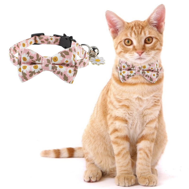 Pet Collar Adjustable Detachable Flower Printed Bow Cat Collar Kitten Collar