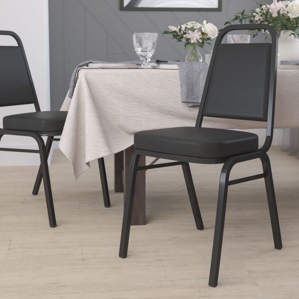 Flash Furniture HERCULES Series Trapezoidal Back Stacking Banquet Chair with Black Vinyl and 2.5'' Thick Seat - Black Frame