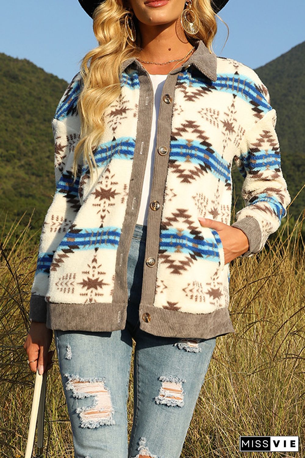 Aztec Print Turn Down Collar Single-breasted Jacket Coat Wholesale