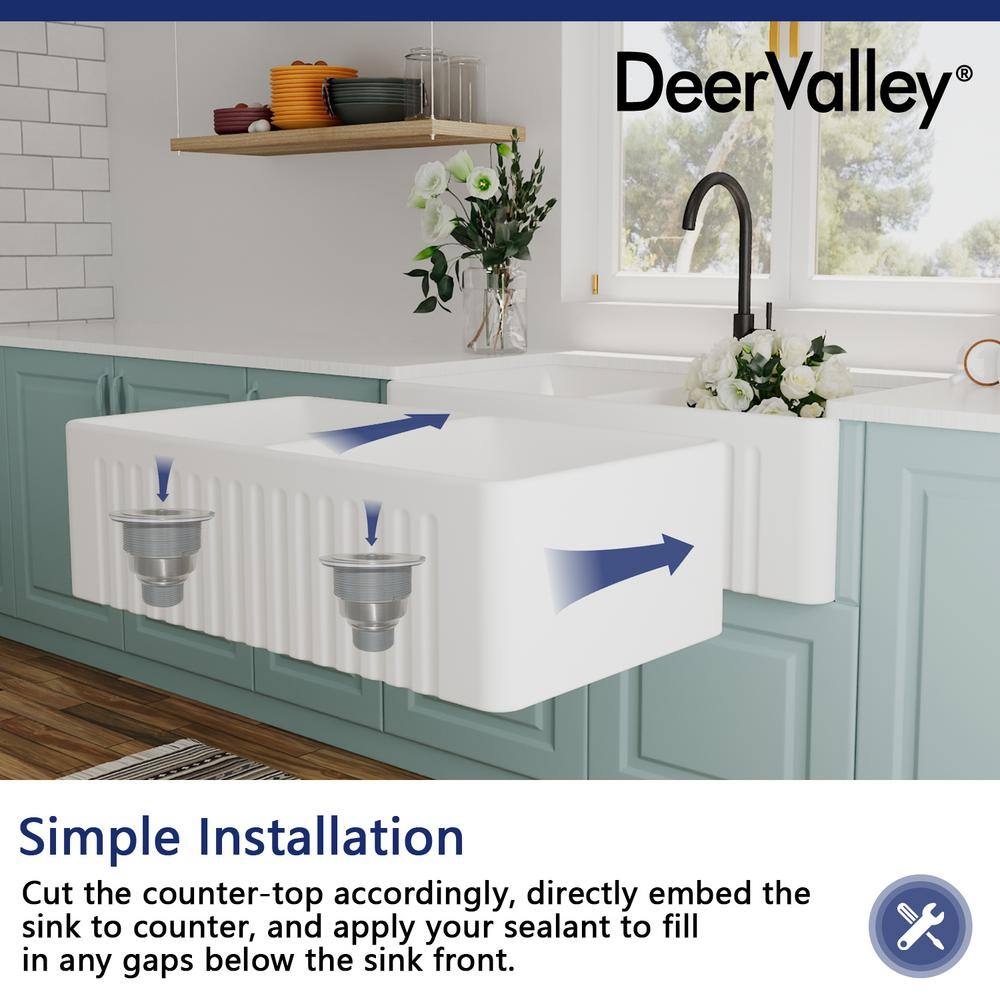 DEERVALLEY Eclipse White Ceramic 33 in. L 5050 Rectangular Double Basin Farmhouse Apron Kitchen Sink with Grid and Strainer DV-1K028