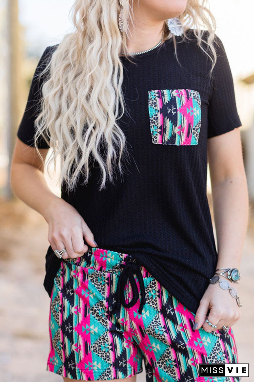 Black Aztec Pocketed Tee and Shorts Set