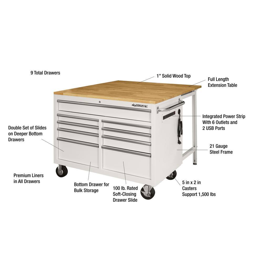 🎉Limited Time Offer🎉CZHusky 46 in. W x 51 in. D Standard Duty 9-Drawer Mobile Workbench with Solid Top Full Length Extension Table in Gloss White HOTC4609BJ5M