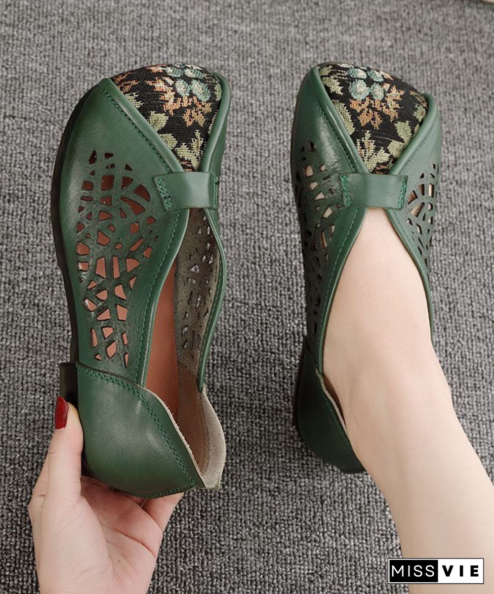 Green Hollow Out Cowhide Leather Flat Shoes For Women Splicing Flats