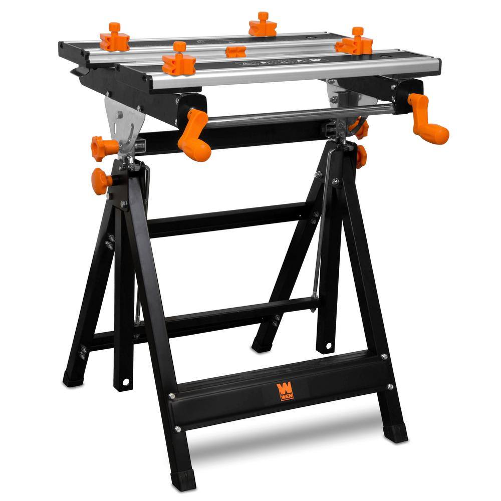 WEN 24 in. H Tilting Steel Adjustable Portable Work Bench Sawhorse and Vise with 8 Sliding Clamps WB2322T