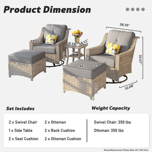 OVIOS 5 Pieces Outdoor Wicker Curved Swivel Chair Set With Ottoman