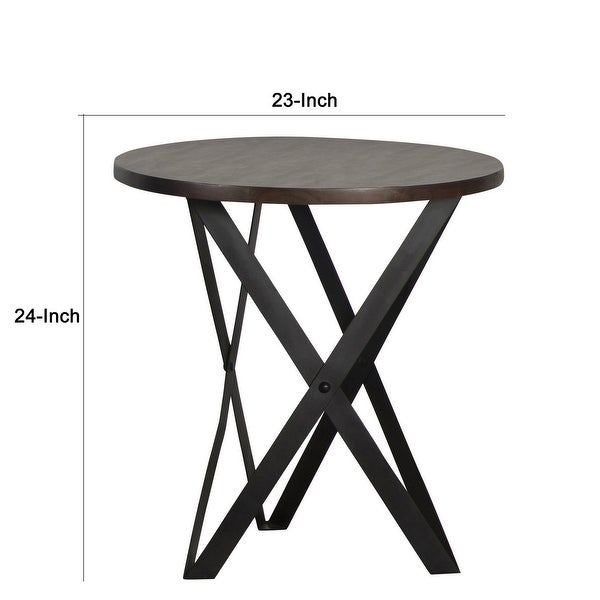 24 Inch Side End Table， Round Acacia Wood Top， Crossed Metal Legs， Gray