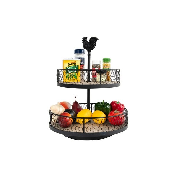 2-Tier Wood and Metal Round Trays with Rooster Top