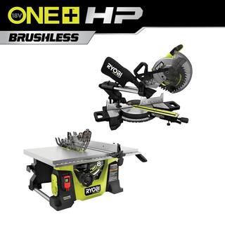 RYOBI ONE+ HP 18V Brushless Cordless 2-Tool Combo Kit with Miter Saw and Compact Portable Jobsite Table Saw (Tools Only) PBLMS01B-PBLTS01B