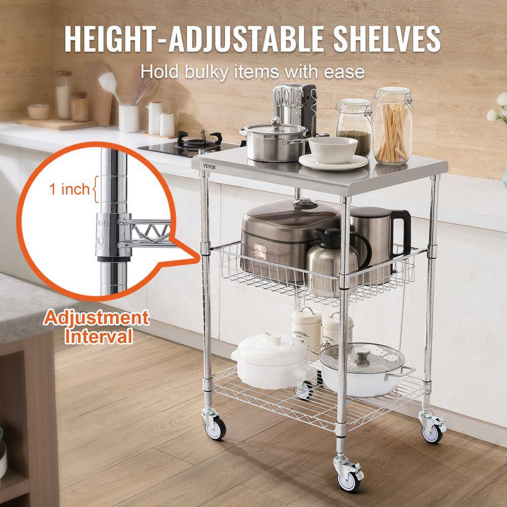 VEVOR 3-Tiers Kitchen Utility Cart 20 in. Wire Rolling Cart with Wheels Metal Storage Trolley with 6 Hooks Kitchen CartSilver LLCFTCCB20X24IGJ4V0