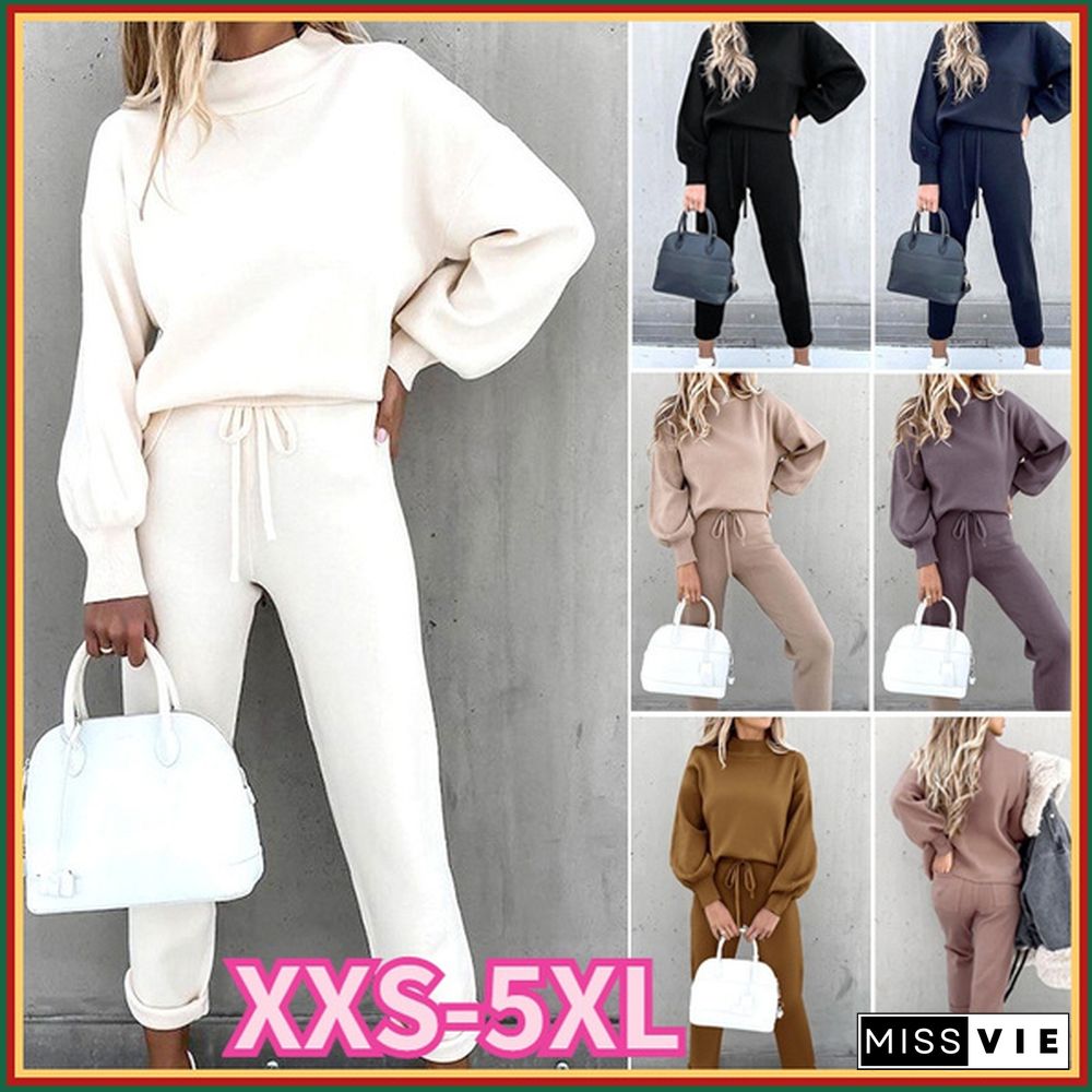 Women's Solid Color Turtleneck Sweatshirt With Drawstring Pants Casual Long Sleeve Pullover Sports Set Two Piece Outfit Plus Size Xxs-5Xl