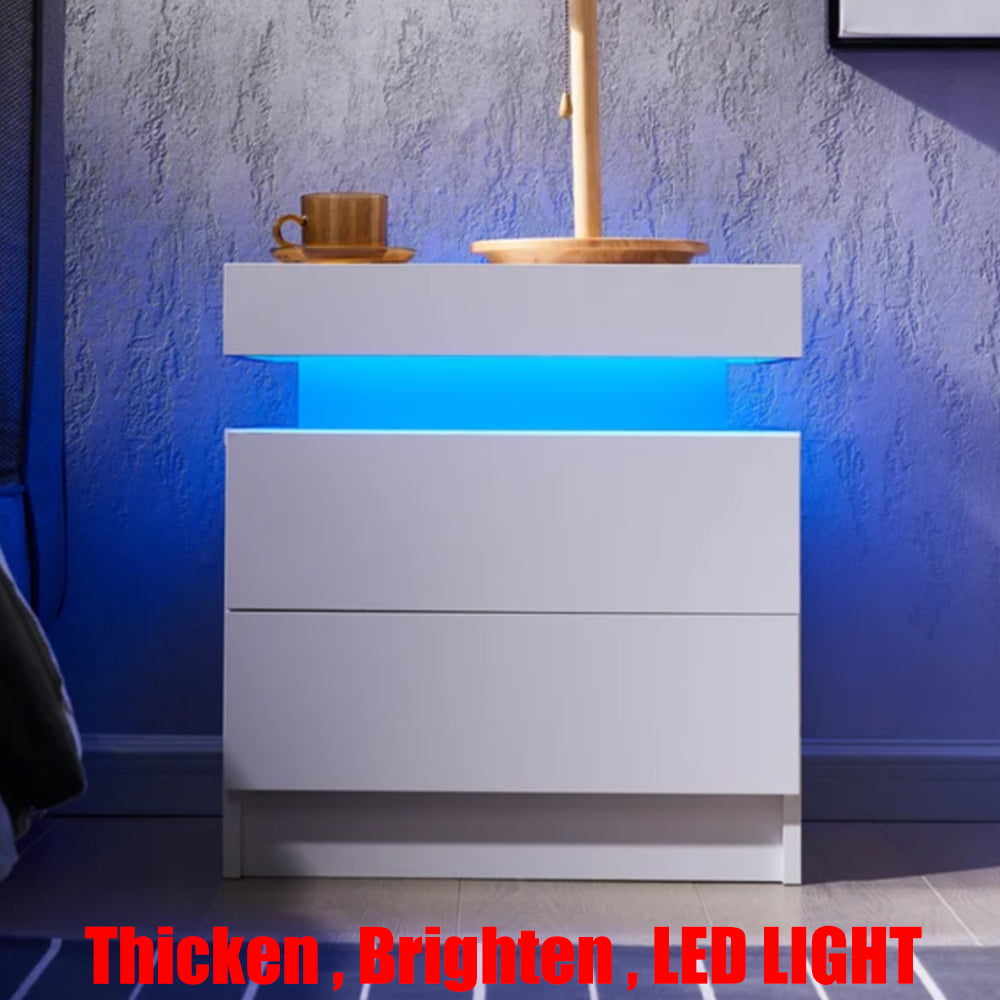 High Gloss Bedside Table Thicken LED Nightstand Cabinet With 2 Drawers,Brighten LED Light Strip Remote Control,White (High Quality Upgraded Version)