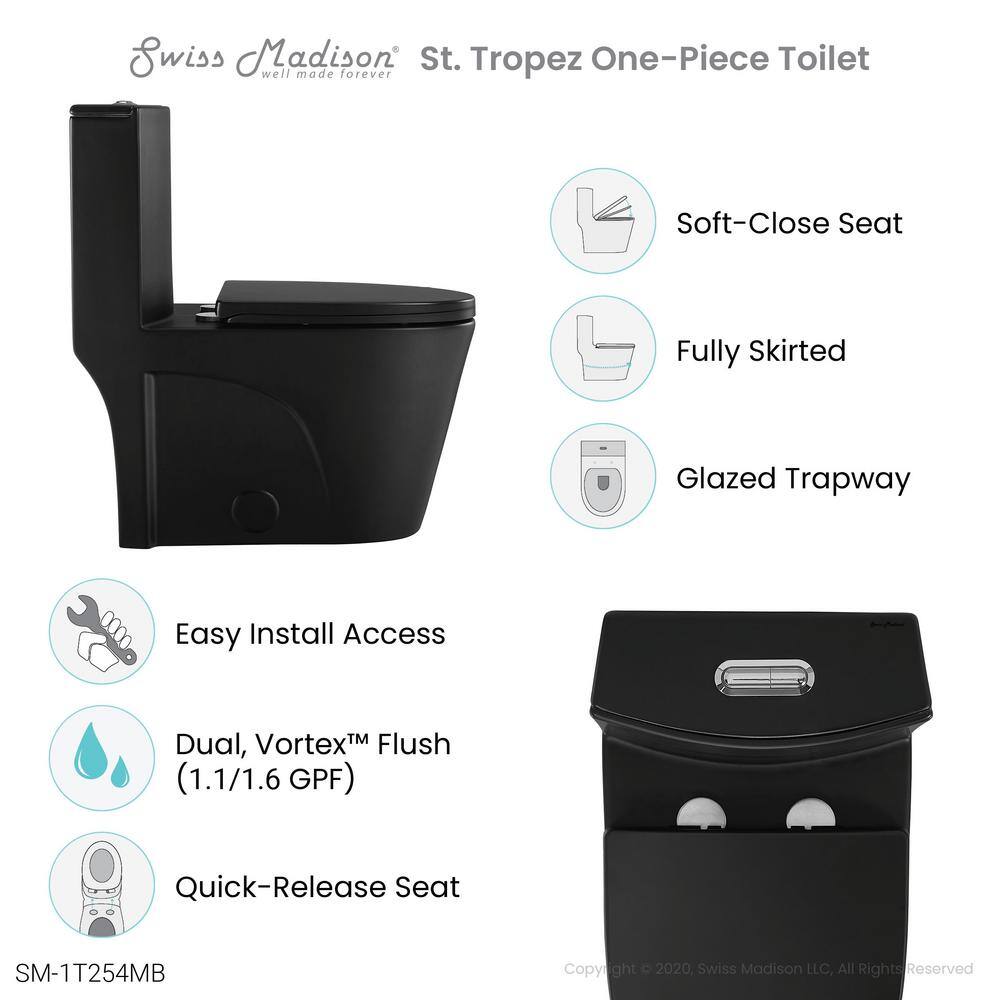 Swiss Madison St. Tropez 1-Piece 1.11.6 GPF Dual Flush Elongated Toilet in Matte Black Seat Included SM-1T254MB