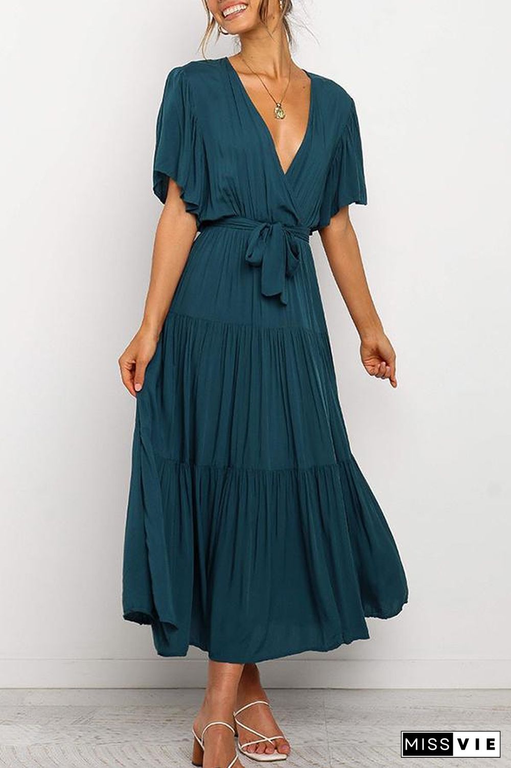 Ruffled Sleeve V-neck Tie Waist Maxi Dress P14492