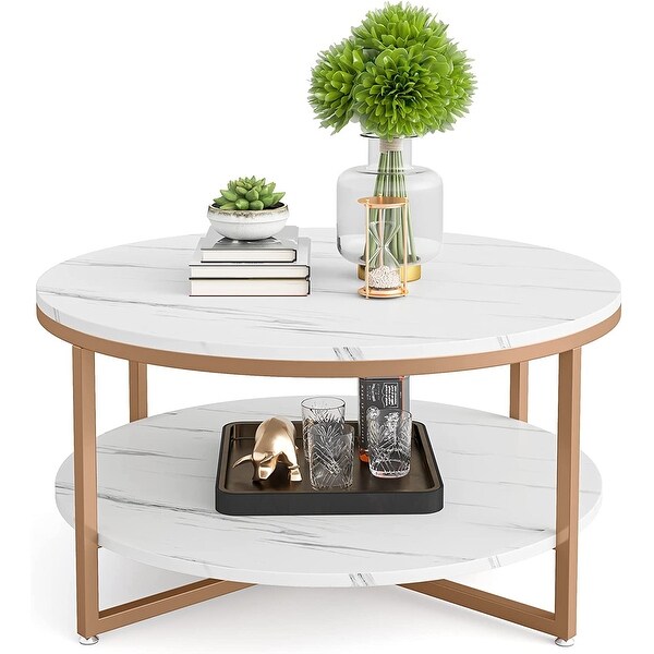 TwoTier Round Faux Marble Modern Coffee Table with Metal Legs and Open Storage Shelf for Living Room，White Gold