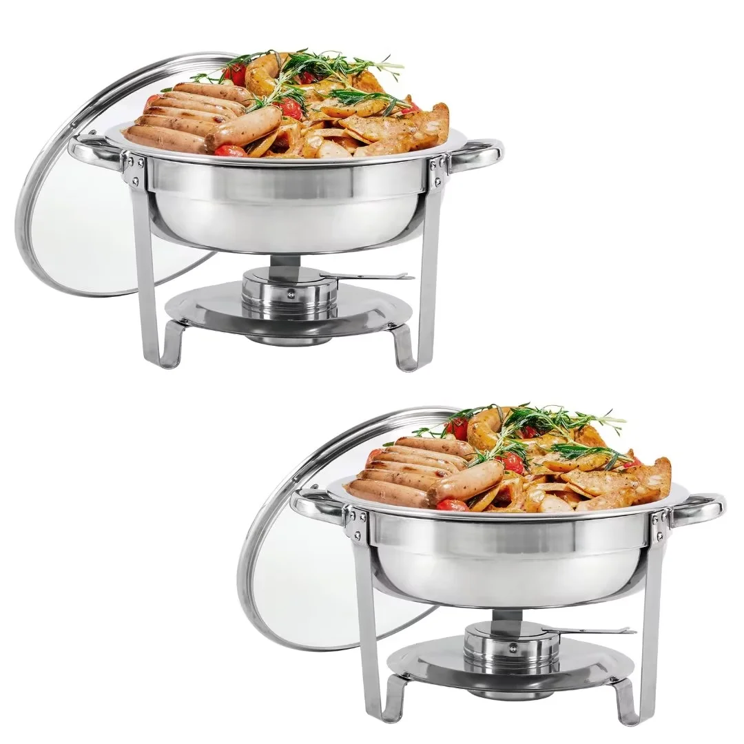 HORESTKIT Chafing Dish Buffet Set 2 Pack Round Stainless Steel Chafers and Buffet Warmers Sets Full Size w/Water Pan， Food Pan， Fuel Holder and Glass Viewing Lid 5 QT， for Catering Party Event Serving