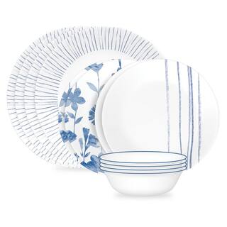 Corelle Botanical Stripes 12-piece Glass Dinnerware Set Service for 4 Blue and White 1149161