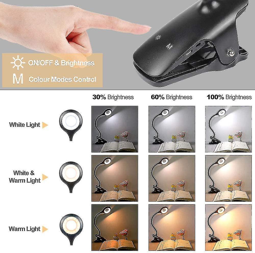 Led Reading Light， 9 Different Settings Eye Protect Book Clip Light， Usb Rechargeable Reading Light