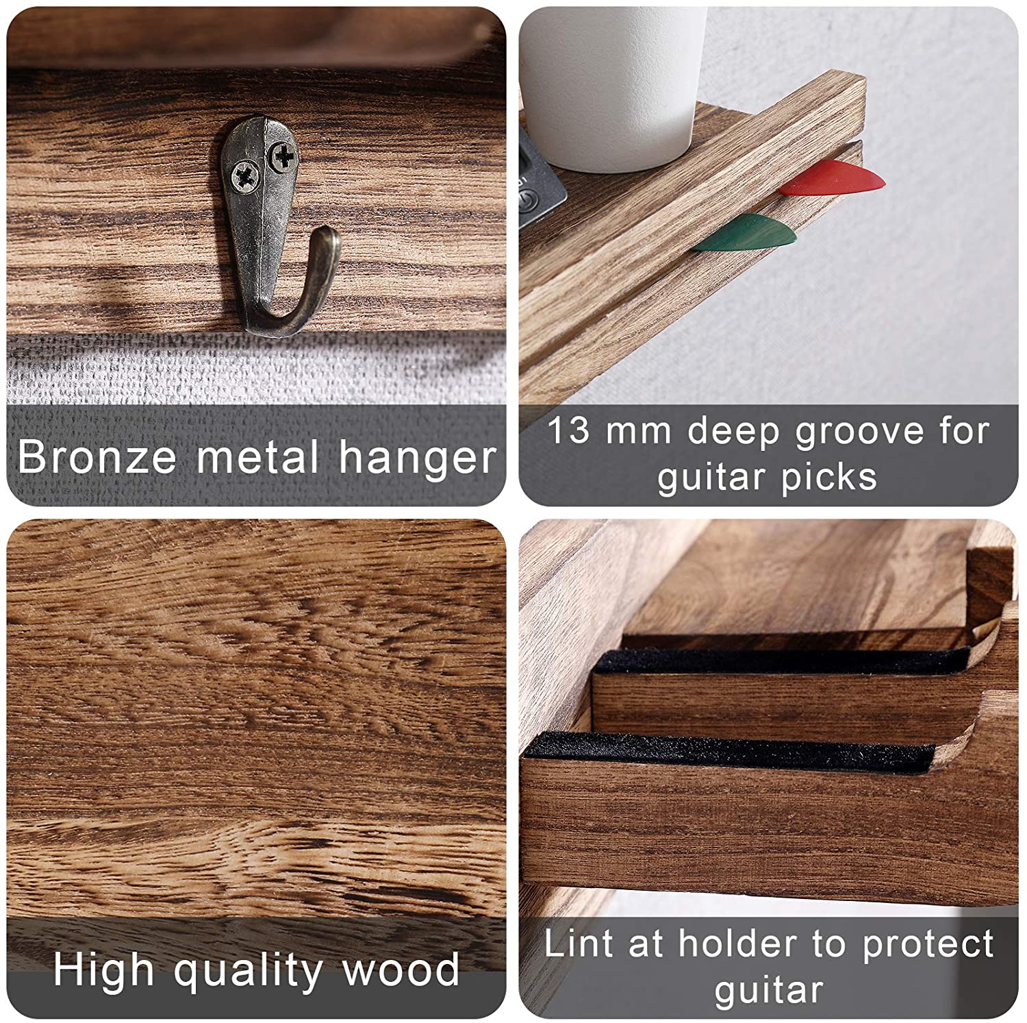 WELLAND Guitar Wood Wall Hanger with Storage Shelf， Hanging Rack for Electric Guitar， Acoustic Guitar， Bass Guitar， Guitar Accessories