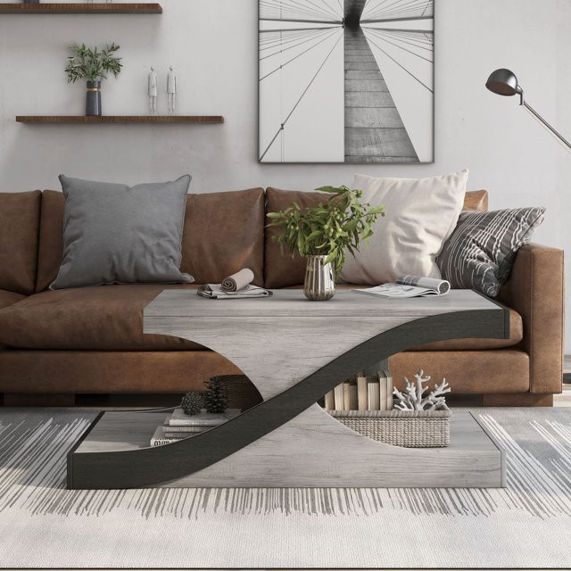 Contemporary Coffee Table  Geometric Design With 2 Lower Compartments  Gray Oak   Modern   Coffee Tables   by Declusia  Houzz