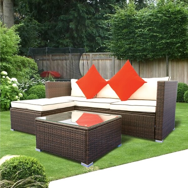 3 Piece Patio Aluminium Legs Wicker PE Rattan 2 Pillow Cushioned Outdoor Sectional Sofa Set with Glass Coffee TableandOttoman - Overstock - 35580408