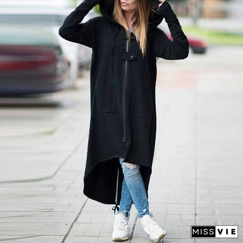 Women's Loose Hooded Sweater Zipper Long Coat Long Sleeve Hoodies Coats Casual Cardigans