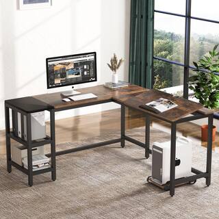 TRIBESIGNS WAY TO ORIGIN Halseey 59.05 in. L-Shape Black Metal Brown Particle Board Wood Top Corner Computer Desk with Storage Shelf HD-JW0222-WZZ