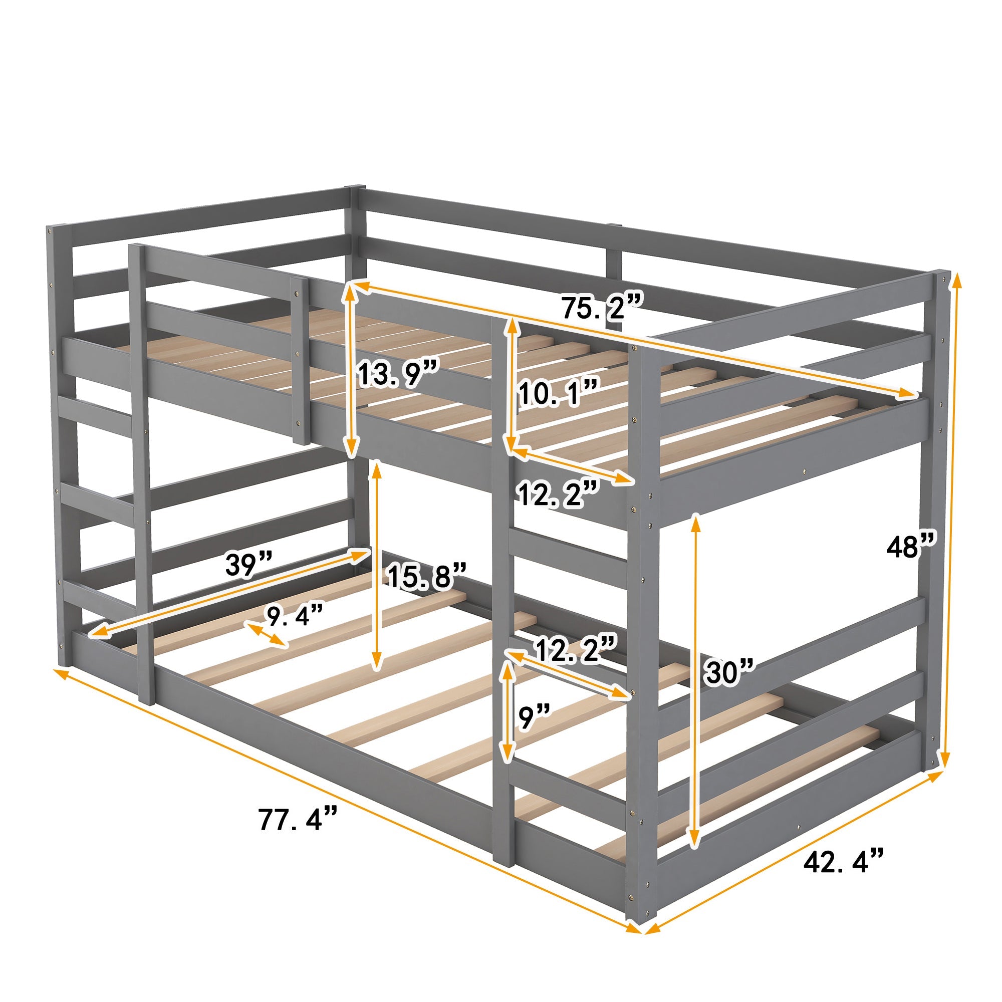 Bellemave Low Twin Over Twin Bunk Beds, Juniors Floor Bunk Bed with Ladder and Guardrails, Wood Twin Bunk Bed for Kids Teens Girls & Boys, Gray